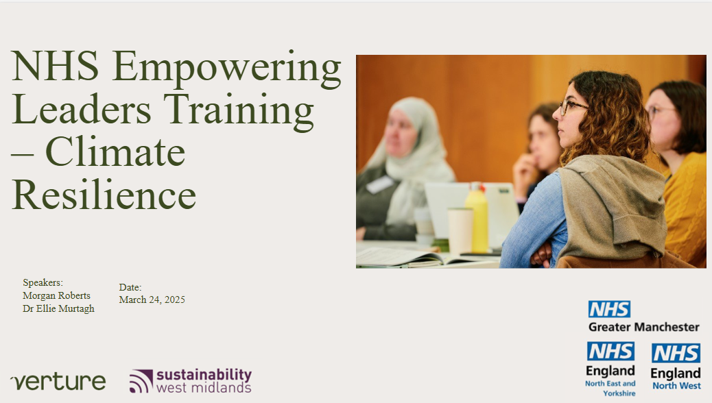 The title slide for a presentation for the NHS Empowering Leaders Training, including a title, logos for organisations involved, and an image of a group of professionals around a table (decorative).